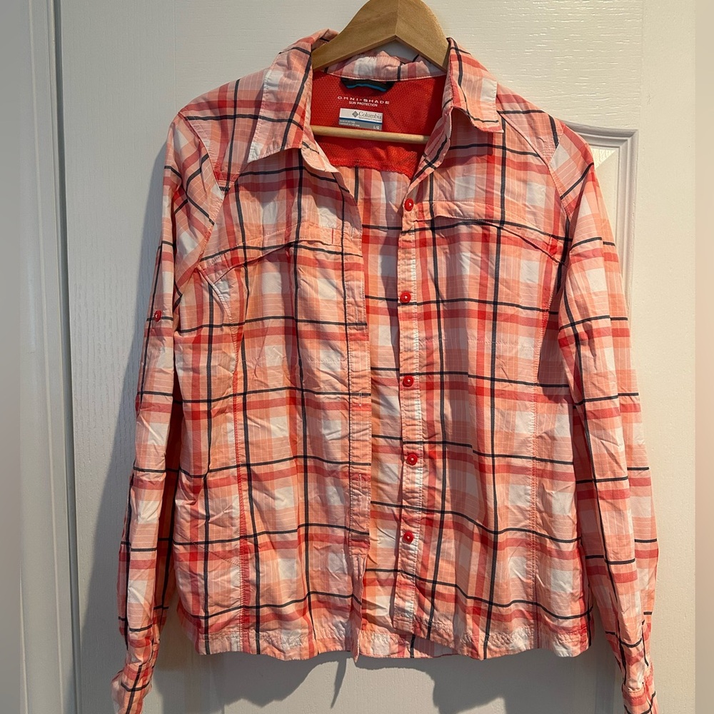 Columbia White and Pink Plaid Sun Shirt